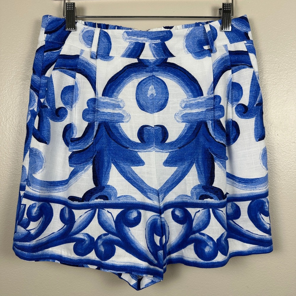 Farmers Market Women's M Trouser Short Cobalt Multi Tile Print Rayon Linen NEW